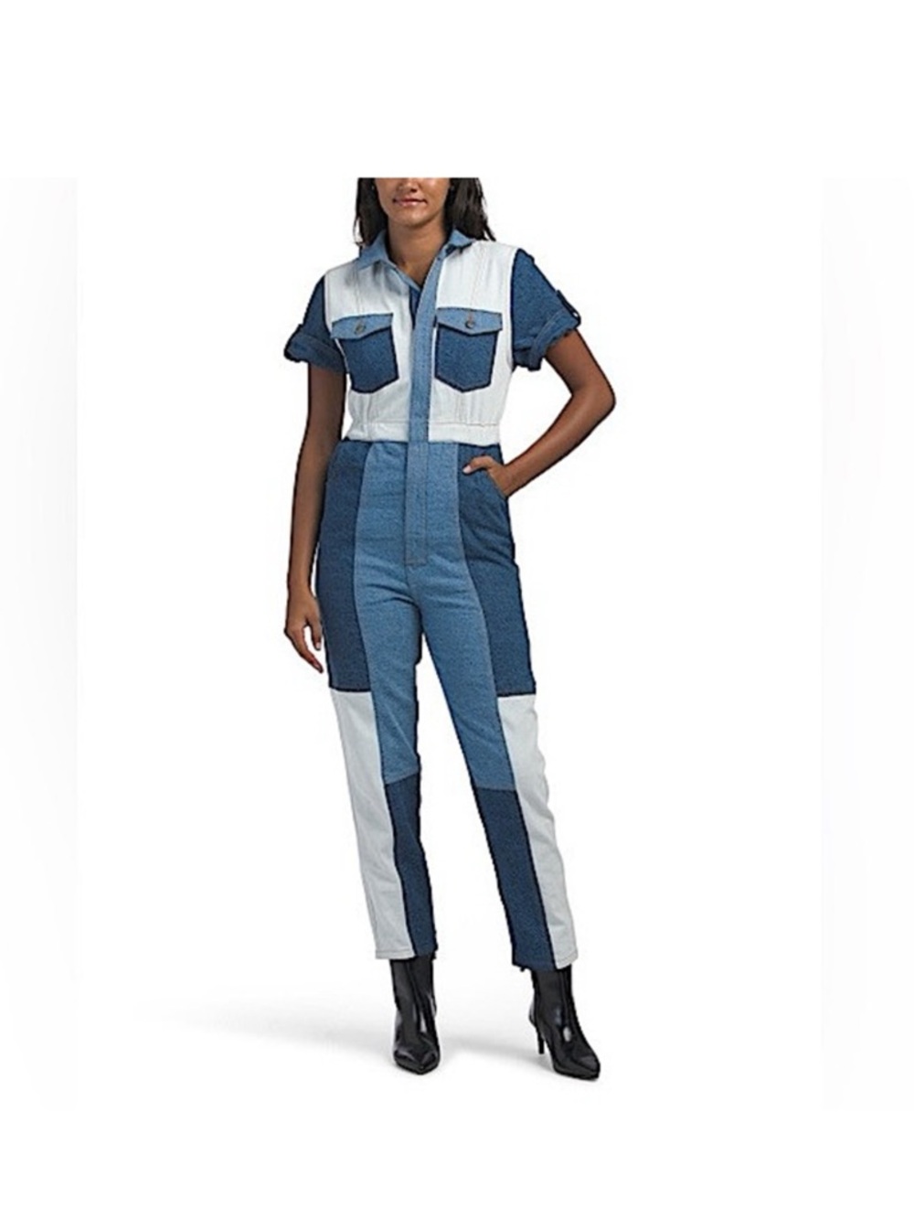 FARM Rio Colorblock Patchwork Denim Jumpsuit in Blue and White Size 24